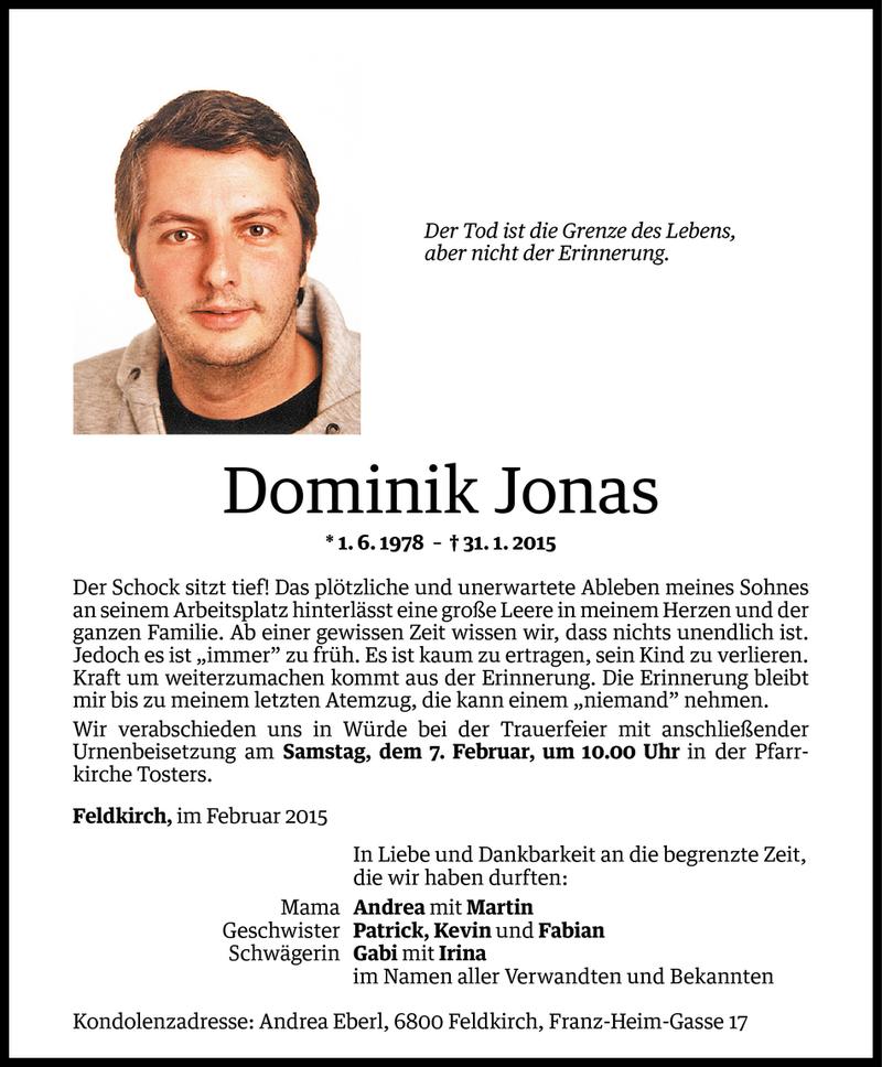  Todesanzeige für Dominik Jonas vom 04.02.2015 aus Vorarlberger Nachrichten