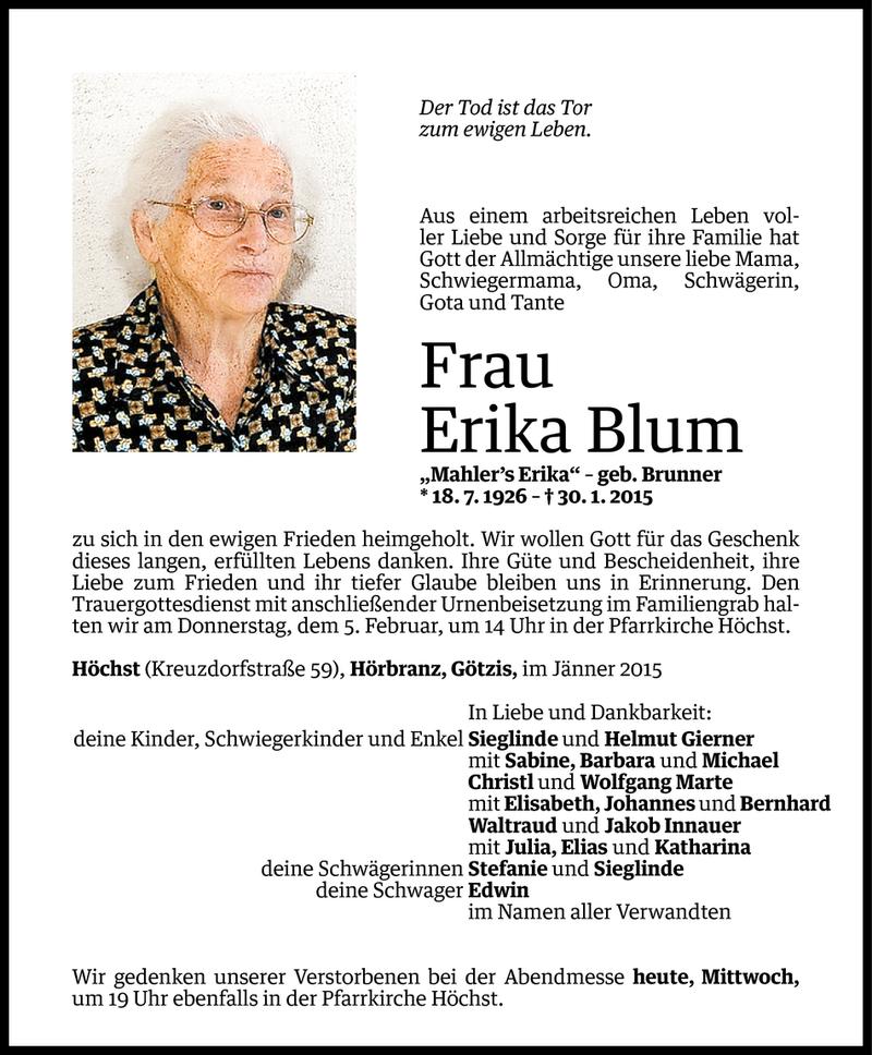  Todesanzeige für Erika Blum vom 03.02.2015 aus Vorarlberger Nachrichten