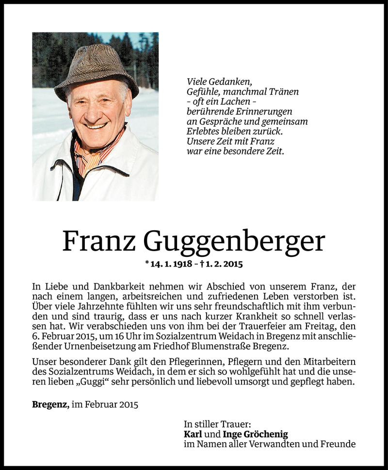  Todesanzeige für Franz Guggenberger vom 03.02.2015 aus Vorarlberger Nachrichten