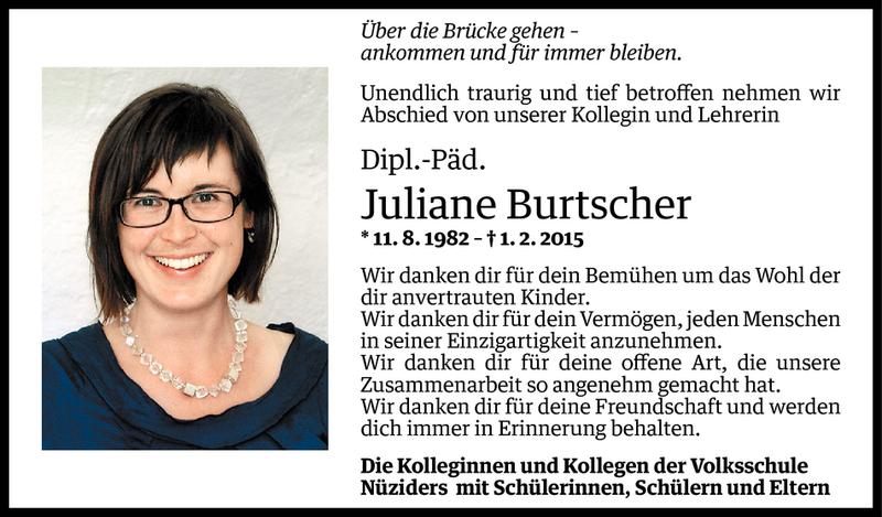  Todesanzeige für Juliane Burtscher vom 03.02.2015 aus Vorarlberger Nachrichten