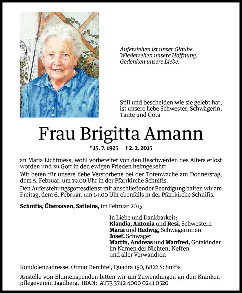  Todesanzeige für Brigitta Amann vom 04.02.2015 aus Vorarlberger Nachrichten