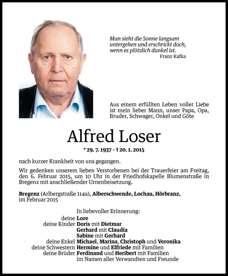  Todesanzeige für Alfred Loser vom 03.02.2015 aus Vorarlberger Nachrichten