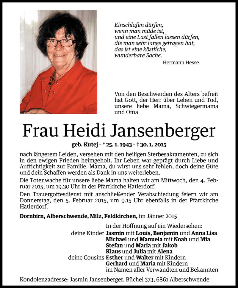  Todesanzeige für Heidi Jansenberger vom 03.02.2015 aus Vorarlberger Nachrichten