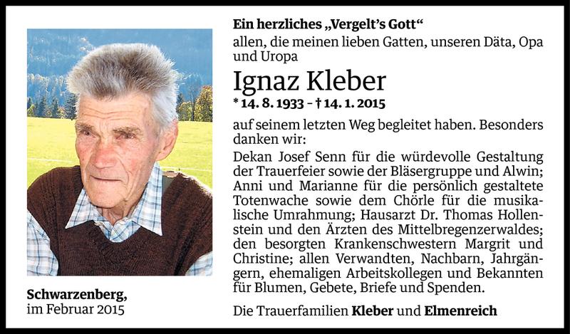  Todesanzeige für Ignaz Kleber vom 04.02.2015 aus Vorarlberger Nachrichten