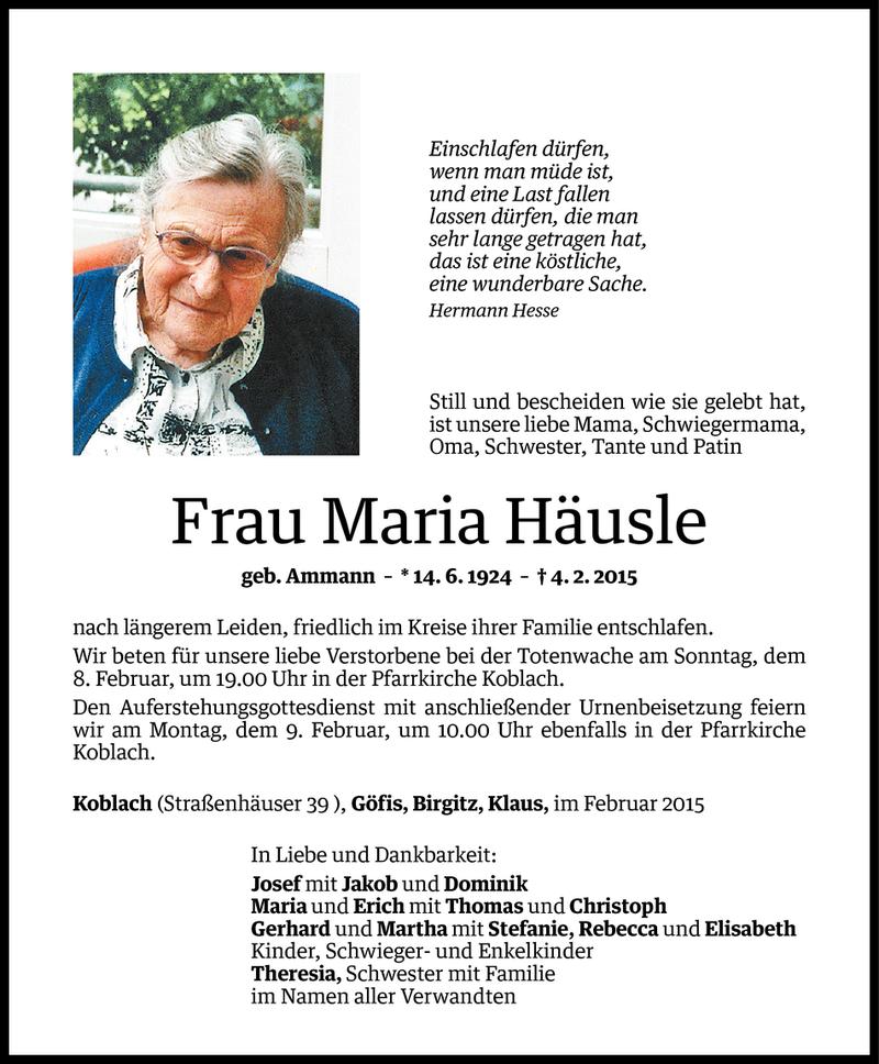  Todesanzeige für Maria Häusle vom 06.02.2015 aus Vorarlberger Nachrichten