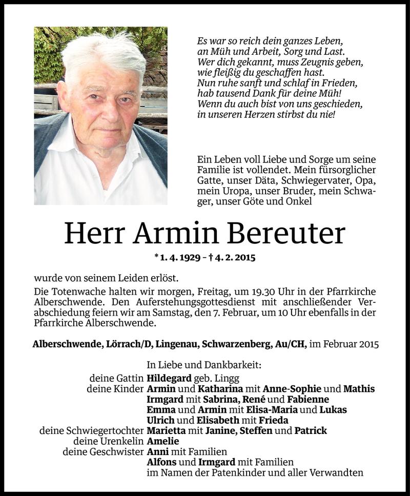  Todesanzeige für Armin Bereuter vom 04.02.2015 aus Vorarlberger Nachrichten