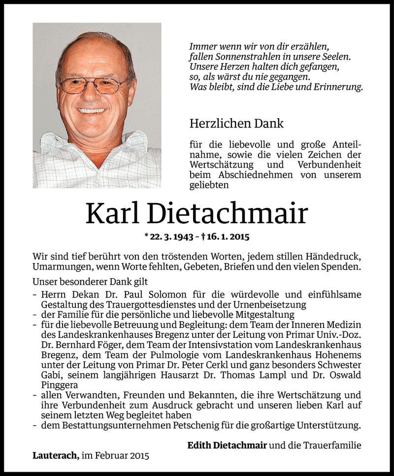  Todesanzeige für Karl Dietachmair vom 05.02.2015 aus Vorarlberger Nachrichten