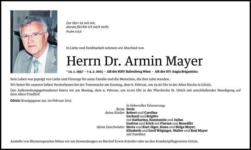  Todesanzeige für Armin Mayer vom 06.02.2015 aus Vorarlberger Nachrichten