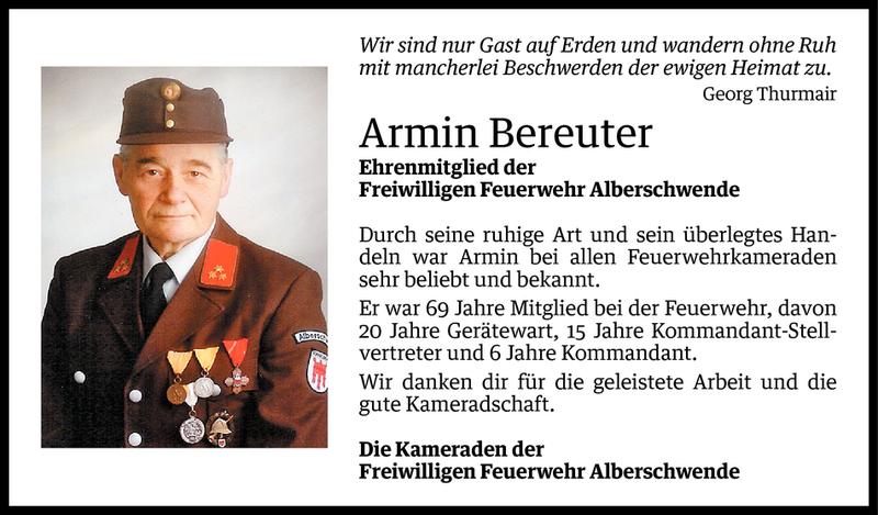  Todesanzeige für Armin Bereuter vom 05.02.2015 aus Vorarlberger Nachrichten