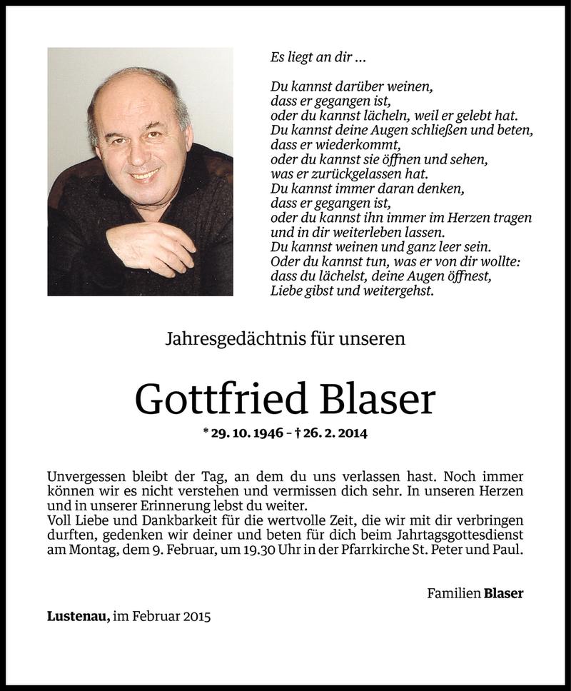  Todesanzeige für Gottfried Blaser vom 06.02.2015 aus Vorarlberger Nachrichten