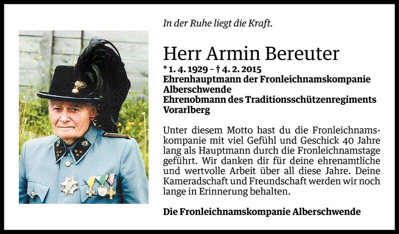  Todesanzeige für Armin Bereuter vom 06.02.2015 aus Vorarlberger Nachrichten