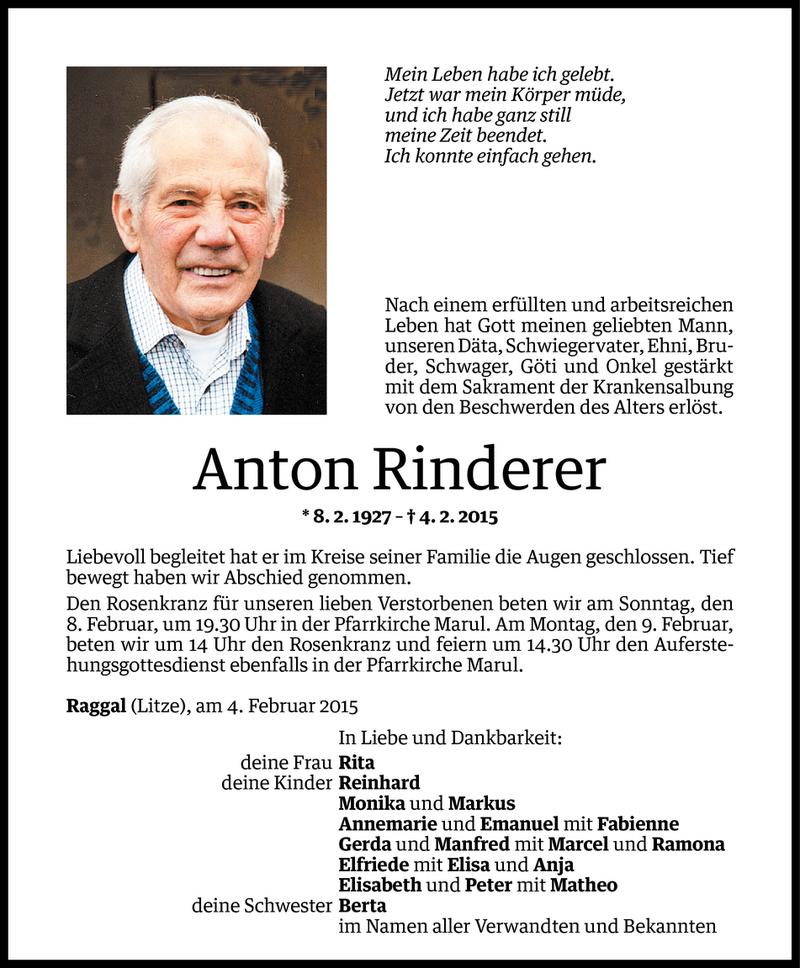  Todesanzeige für Anton Rinderer vom 06.02.2015 aus Vorarlberger Nachrichten