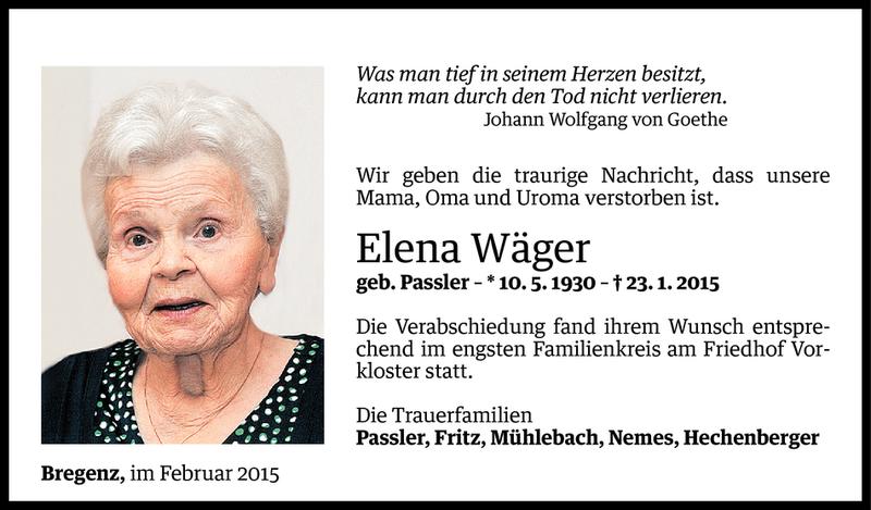  Todesanzeige für Elena Wäger vom 07.02.2015 aus Vorarlberger Nachrichten