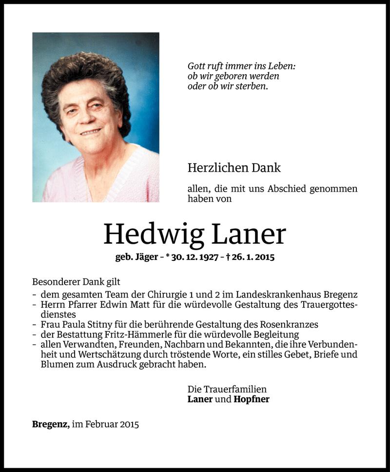  Todesanzeige für Hedwig Laner vom 06.02.2015 aus Vorarlberger Nachrichten