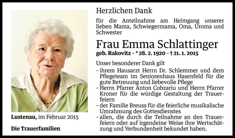  Todesanzeige für Emma Schlattinger vom 06.02.2015 aus Vorarlberger Nachrichten