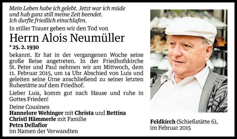  Todesanzeige für Alois Neumüller vom 06.02.2015 aus Vorarlberger Nachrichten