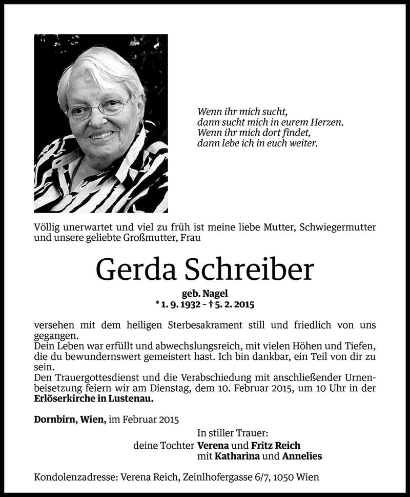  Todesanzeige für Gerda Schreiber vom 06.02.2015 aus Vorarlberger Nachrichten