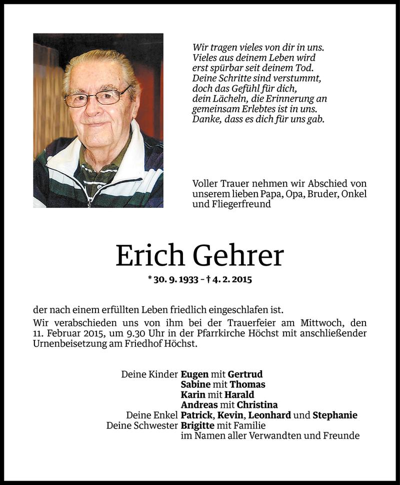  Todesanzeige für Erich Gehrer vom 06.02.2015 aus Vorarlberger Nachrichten