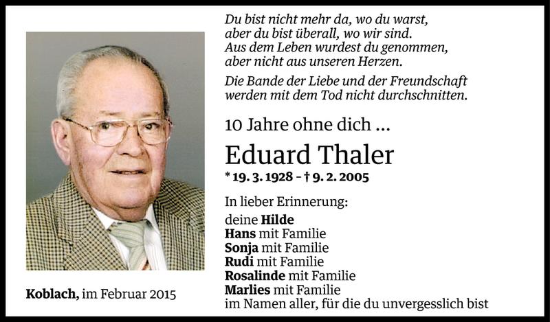  Todesanzeige für Eduard Thaler vom 08.02.2015 aus Vorarlberger Nachrichten