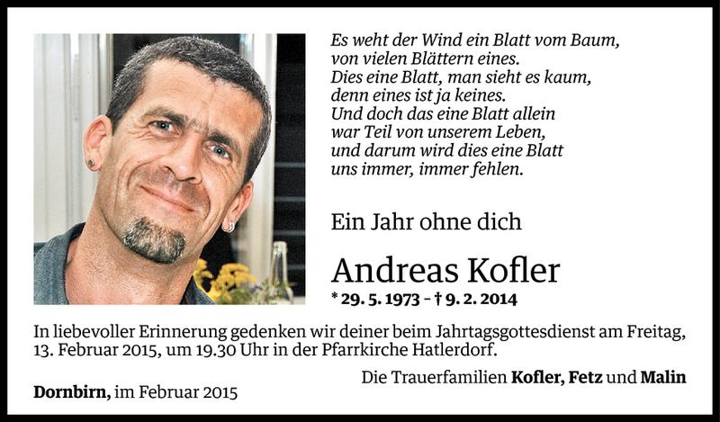  Todesanzeige für Andreas Kofler vom 08.02.2015 aus Vorarlberger Nachrichten