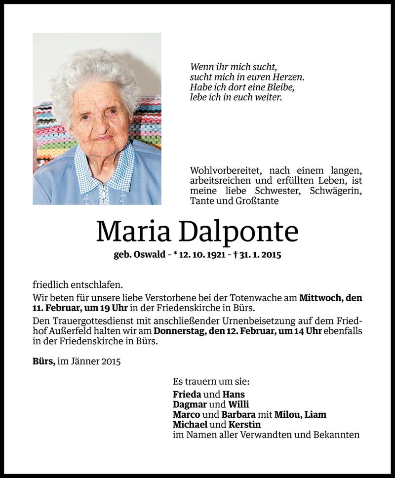  Todesanzeige für Maria Dalponte vom 09.02.2015 aus Vorarlberger Nachrichten