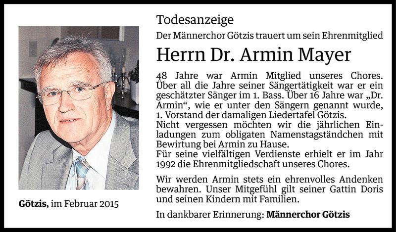  Todesanzeige für Armin Mayer vom 08.02.2015 aus Vorarlberger Nachrichten