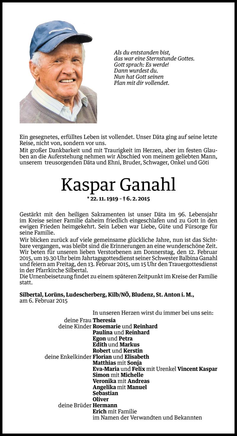  Todesanzeige für Kaspar Ganahl vom 09.02.2015 aus Vorarlberger Nachrichten