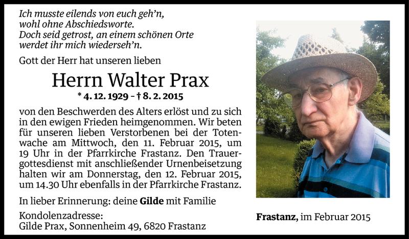  Todesanzeige für Walter Prax vom 09.02.2015 aus Vorarlberger Nachrichten