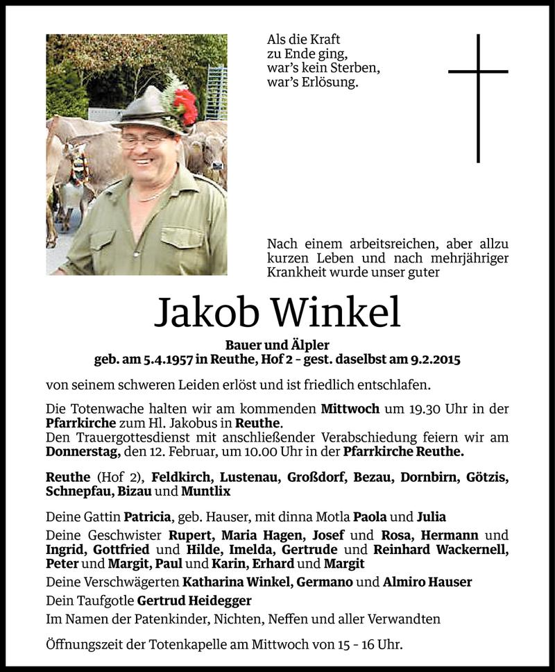  Todesanzeige für Jakob Winkel vom 09.02.2015 aus Vorarlberger Nachrichten