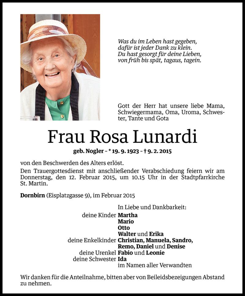  Todesanzeige für Rosa Lunardi vom 09.02.2015 aus Vorarlberger Nachrichten