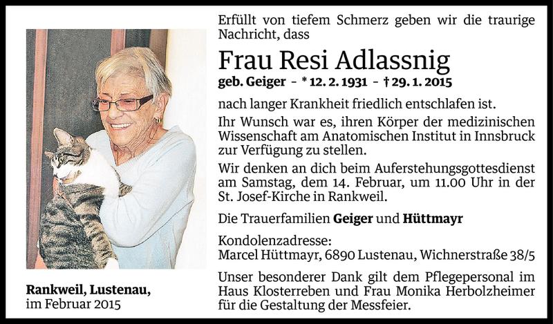  Todesanzeige für Resi Adlassnig vom 11.02.2015 aus Vorarlberger Nachrichten