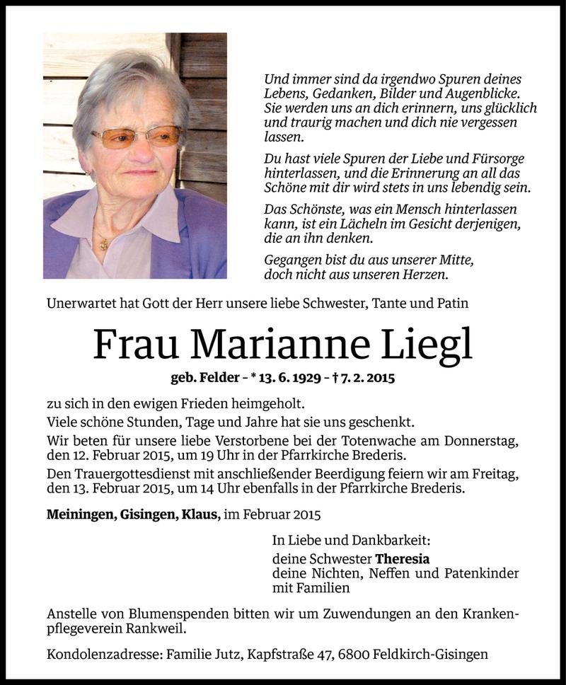  Todesanzeige für Marianne Liegl vom 10.02.2015 aus Vorarlberger Nachrichten