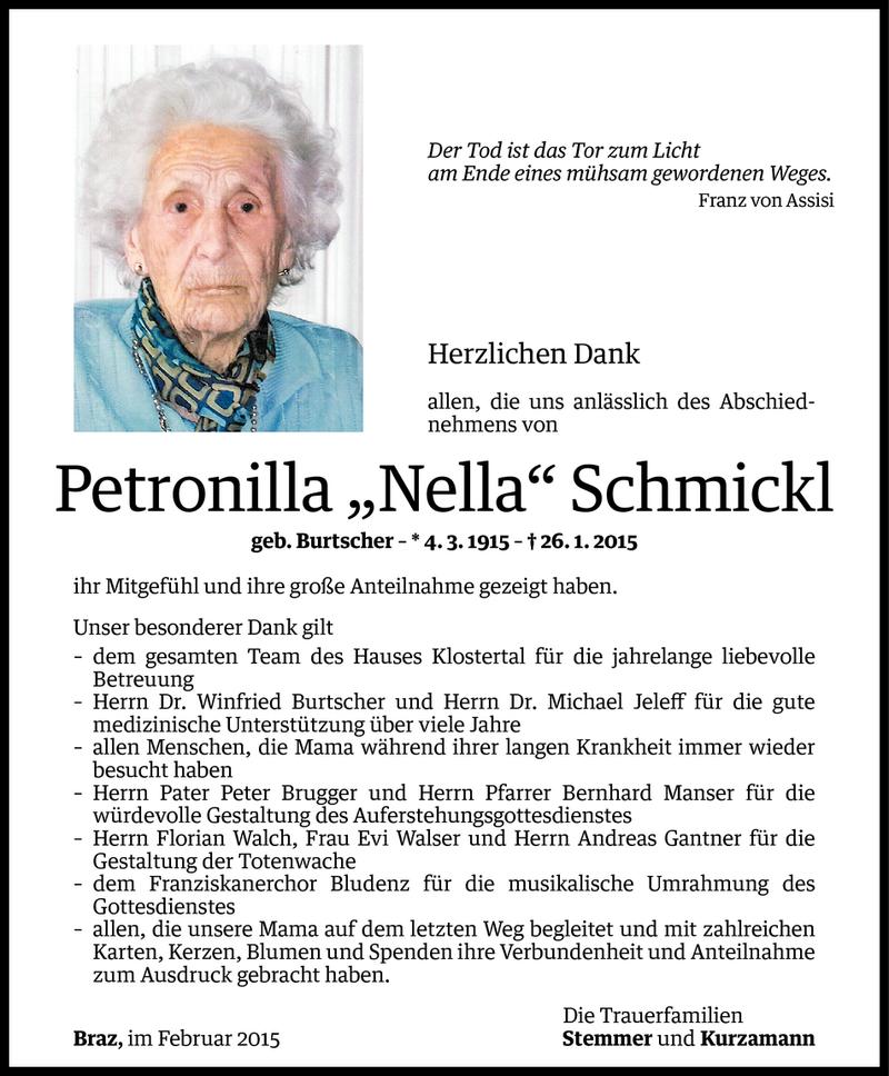  Todesanzeige für Petronilla Schmickl vom 13.02.2015 aus Vorarlberger Nachrichten