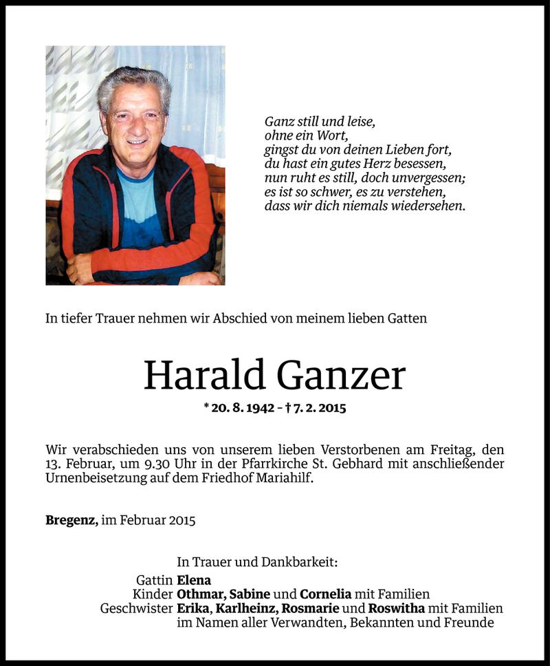  Todesanzeige für Harald Ganzer vom 10.02.2015 aus Vorarlberger Nachrichten