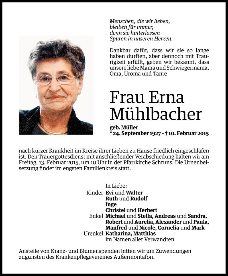  Todesanzeige für Erna Mühlbacher vom 10.02.2015 aus Vorarlberger Nachrichten