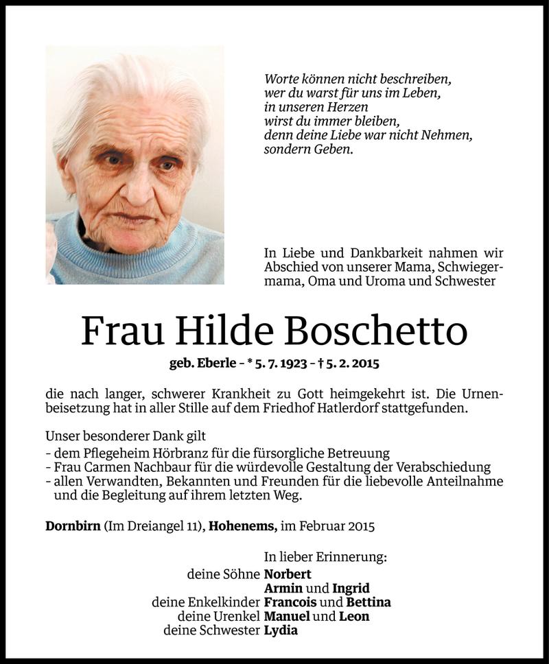  Todesanzeige für Hilde Boschetto vom 14.02.2015 aus Vorarlberger Nachrichten