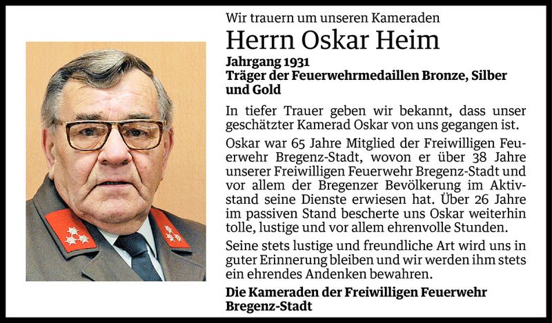  Todesanzeige für Oskar Heim vom 11.02.2015 aus Vorarlberger Nachrichten