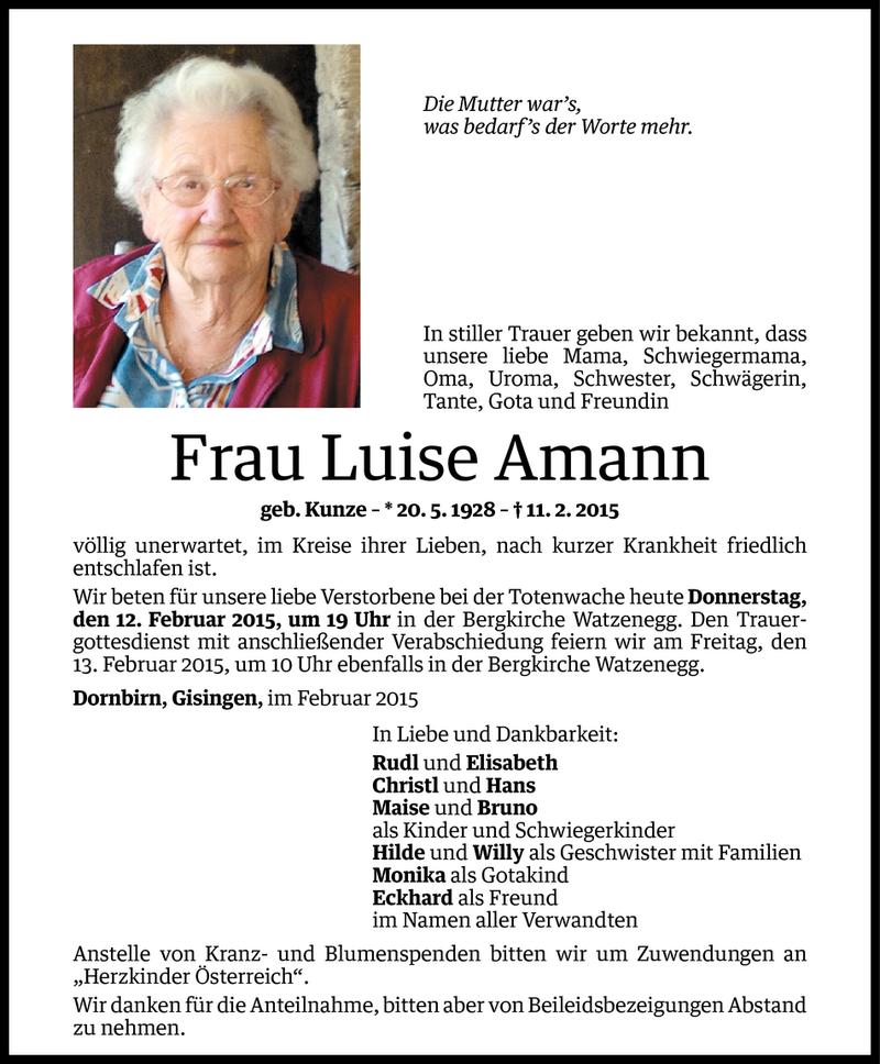  Todesanzeige für Luise Amann vom 11.02.2015 aus Vorarlberger Nachrichten