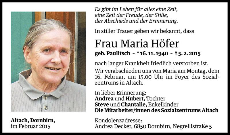  Todesanzeige für Maria Höfer vom 13.02.2015 aus Vorarlberger Nachrichten