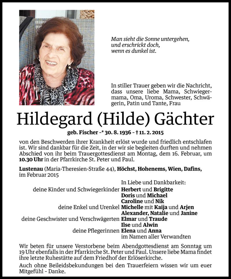  Todesanzeige für Hildegard Gächter vom 12.02.2015 aus Vorarlberger Nachrichten