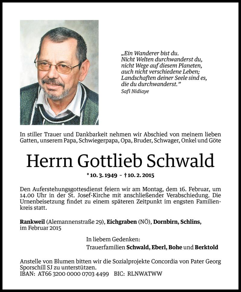  Todesanzeige für Gottlieb Schwald vom 13.02.2015 aus Vorarlberger Nachrichten