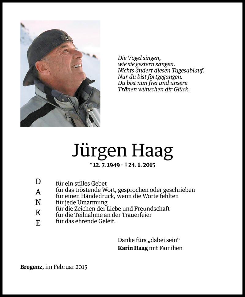  Todesanzeige für Jürgen Haag vom 13.02.2015 aus Vorarlberger Nachrichten