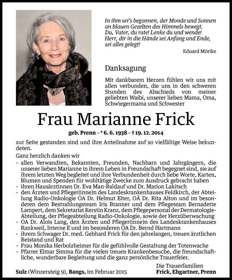  Todesanzeige für Marianne Frick vom 13.02.2015 aus Vorarlberger Nachrichten