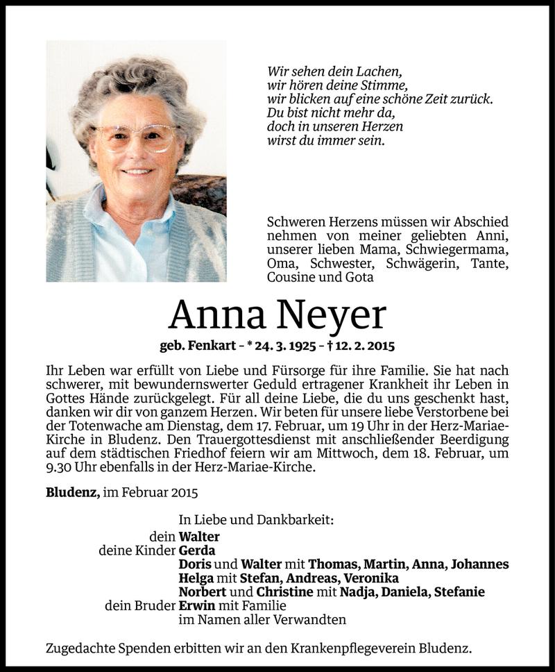  Todesanzeige für Anna Neyer vom 14.02.2015 aus Vorarlberger Nachrichten