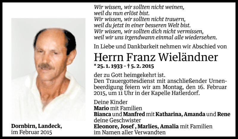  Todesanzeige für Franz Wieländner vom 13.02.2015 aus Vorarlberger Nachrichten