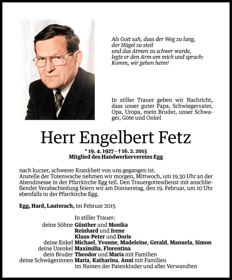  Todesanzeige für Engelbert Fetz vom 16.02.2015 aus Vorarlberger Nachrichten