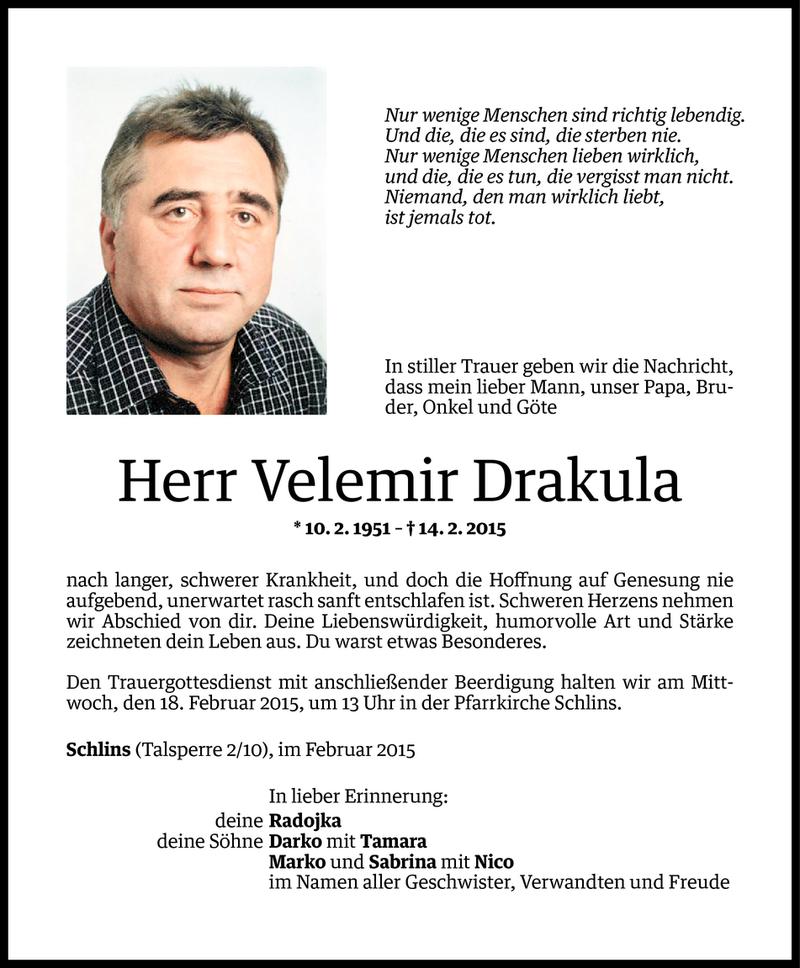  Todesanzeige für Velemir Drakula vom 16.02.2015 aus Vorarlberger Nachrichten