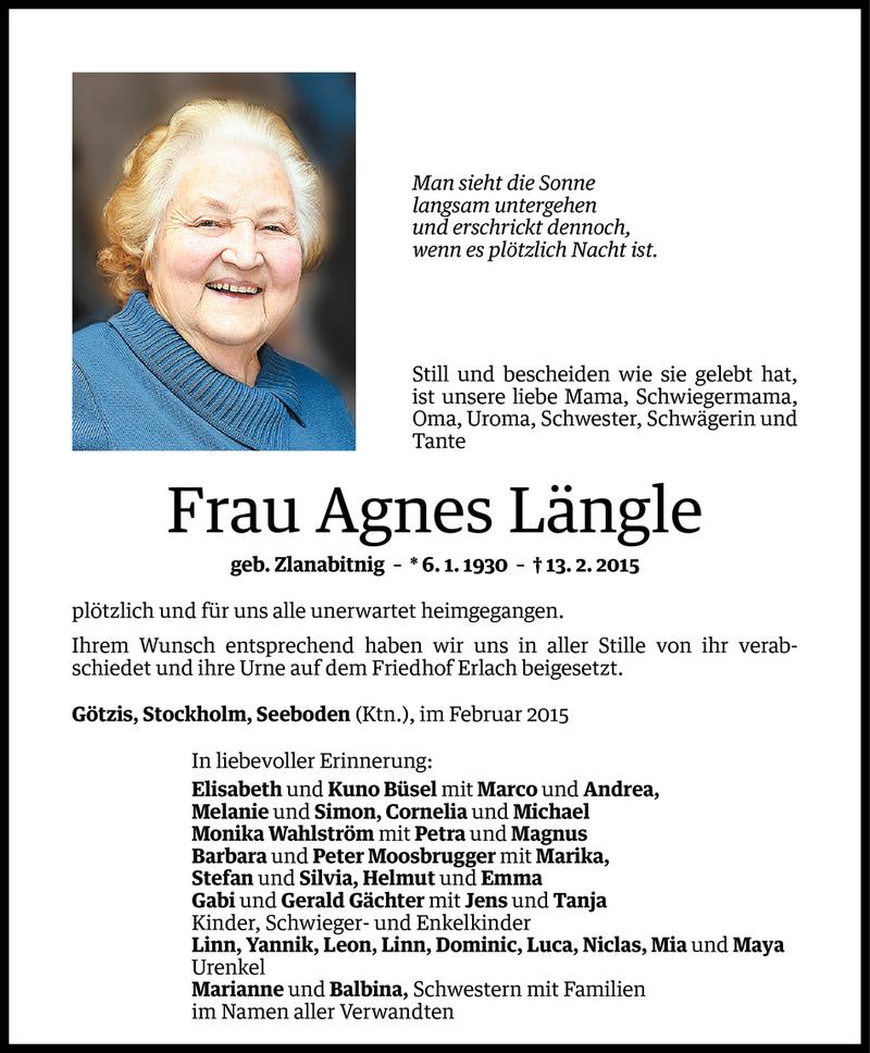  Todesanzeige für Agnes Längle vom 19.02.2015 aus Vorarlberger Nachrichten