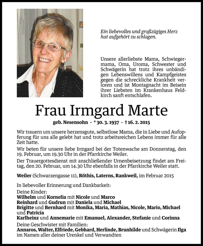  Todesanzeige für Irmgard Marte vom 17.02.2015 aus Vorarlberger Nachrichten