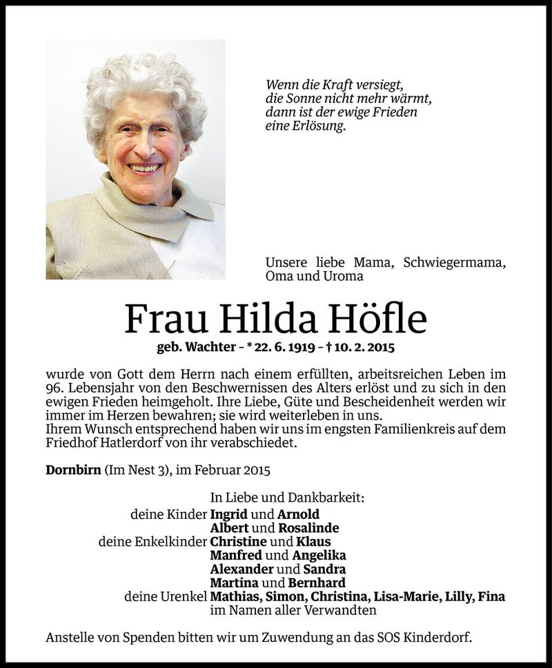  Todesanzeige für Hilda Höfle vom  aus Vorarlberger Nachrichten